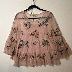 Democracy Embroidered Mesh Peplum Blouse